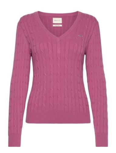 Stretch Cotton Cable V-Neck Tops Knitwear Jumpers Pink GANT