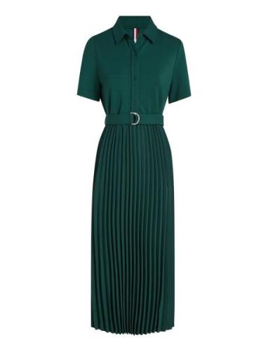 Visc Mix Pleated Polo Dress Ss Knelang Kjole Green Tommy Hilfiger