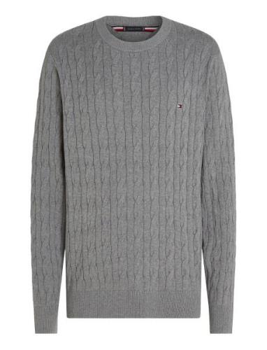 Classic Cotton Cable Crew Neck Tops Knitwear Round Necks Grey Tommy Hi...