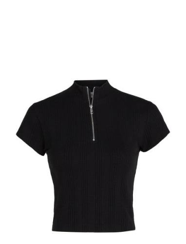 Variegated Rib Half Zip Top Tops T-shirts & Tops Short-sleeved Black C...