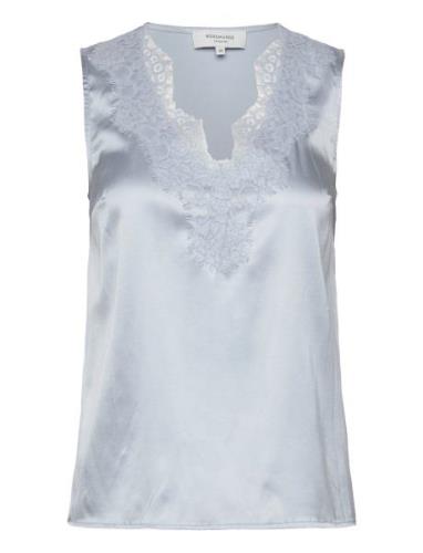 Jade Silk Top W/ Lace Tops Blouses Sleeveless Blue Rosemunde