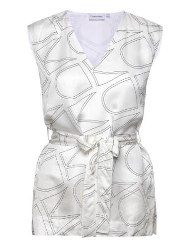 Monogram Belted Top Tops Blouses Sleeveless White Calvin Klein