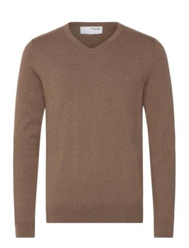 Slhberg Ls Knit V-Neck Noos Tops Knitwear V-necks Brown Selected Homme