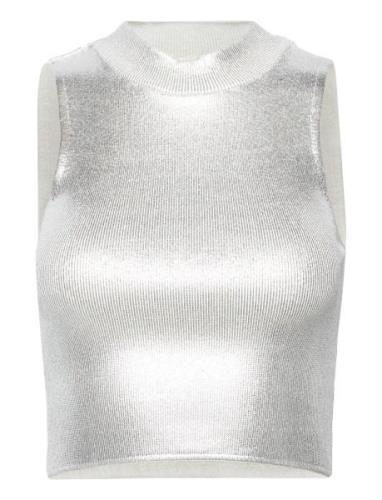 Metallic Knit Top Tops Crop Tops Sleeveless Crop Tops Silver Mango