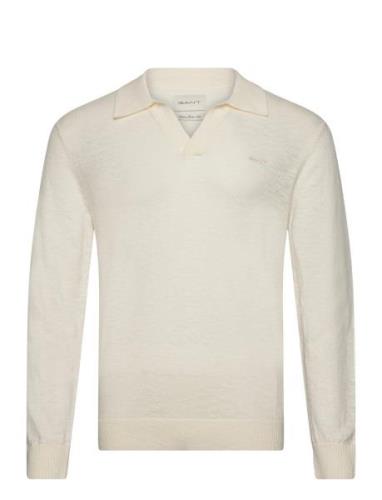 Cotton Linen Open Polo Tops Knitwear Long Sleeve Knitted Polos Cream G...