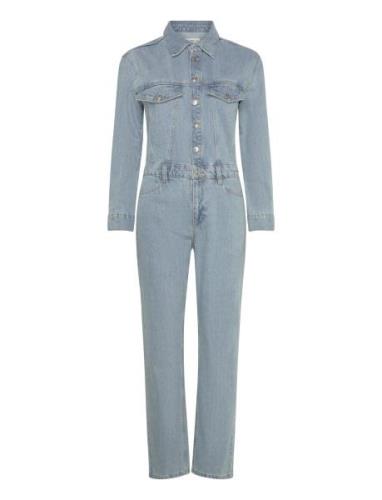 Denim Jumpsuit Buttons Bottoms Jumpsuits Blue Mango