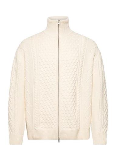 D2. Aran Cable Fullzip Tops Knitwear Full Zip Jumpers Cream GANT