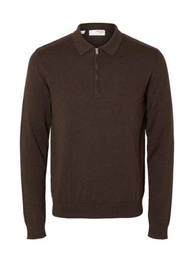 Slhberg Ls Half Zip Polo Noos Tops Knitwear Half Zip Jumpers Brown Sel...