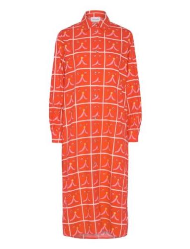 Abstract Cat Smile Printed Shirt Dress Knelang Kjole Orange Bobo Chose...