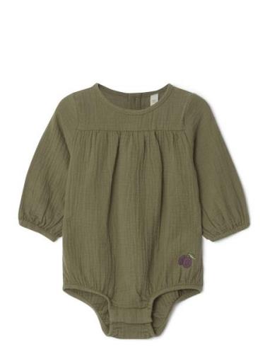 Olive Muslin Romper Bodies Long-sleeved Khaki Green Garbo&Friends