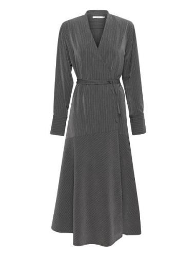 Joellegz Mel. Pinstripe Wrap Dress Knelang Kjole Grey Gestuz