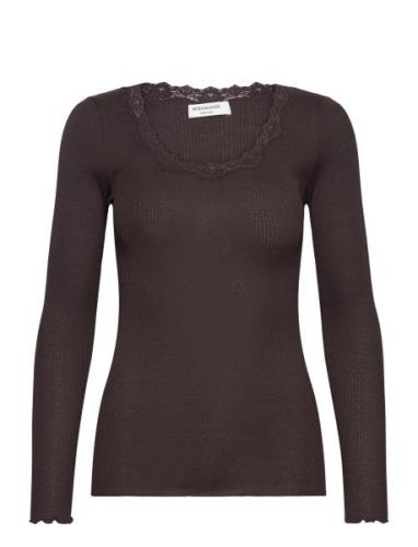 Silk T-Shirt W/ Lace Tops T-shirts & Tops Long-sleeved Brown Rosemunde