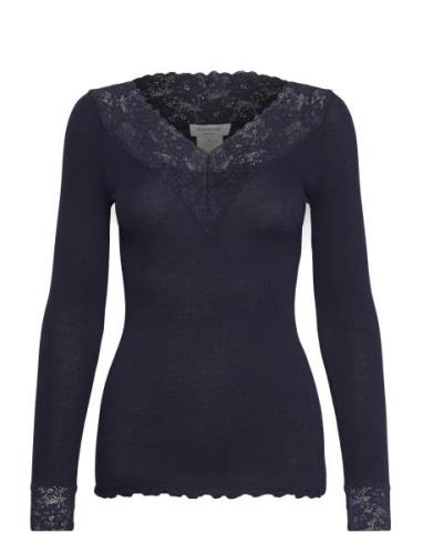 Organic T-Shirt W/ Lace Tops T-shirts & Tops Long-sleeved Navy Rosemun...