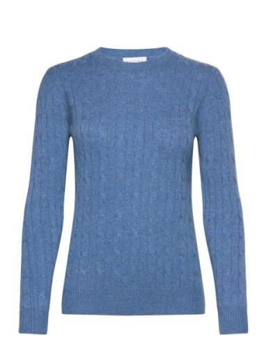 O-Neck Cable Sweater Tops Knitwear Jumpers Blue Davida Cashmere