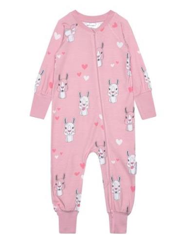 Bamboo Two Way Zip Pyjamas Pink Lama Langermet Bodysuit Pink Geggamoja