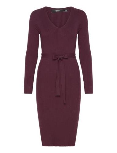 Vmmsaba Rib Ls V-Neck Belt Dress Ga Knelang Kjole Burgundy Vero Moda M...