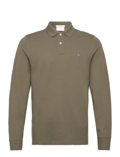 Reg Shield Ls Pique Polo Tops Polos Long-sleeved Khaki Green GANT