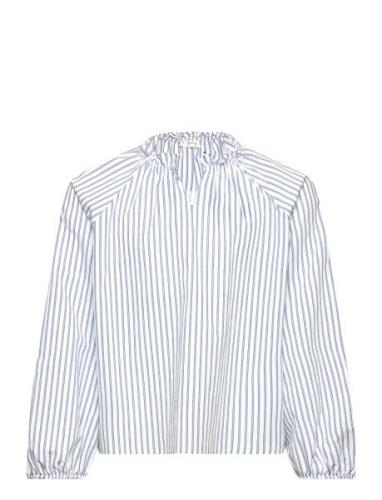 Ruched Detail Striped Blouse Tops Blouses & Tunics Blue Mango