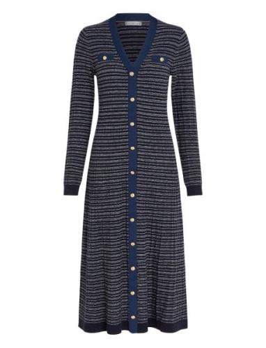 Textured V-Neck Swt Maxi Dress Knelang Kjole Navy Tommy Hilfiger