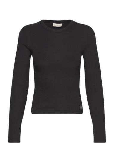 Woven Label Rib Long Sleeve Tops T-shirts & Tops Long-sleeved Black Ca...