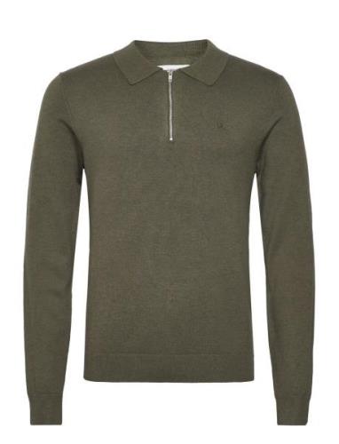 Ecovero L/S Zip Polo Tops Knitwear Long Sleeve Knitted Polos Khaki Gre...