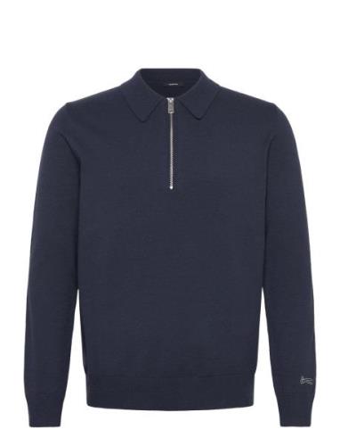 Mens Pullover Lg. Sleeve Polo Neck Tops Knitwear Half Zip Jumpers Navy...