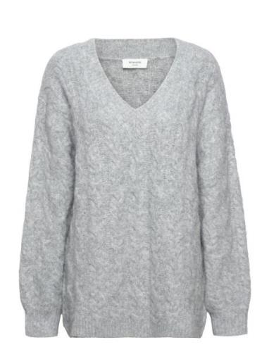 Cable Knit V-Neck Tops Knitwear Jumpers Grey Rosemunde