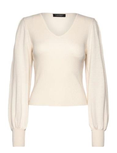 Cotton-Blend Blouson-Sleeve Sweater Tops Knitwear Jumpers Cream Lauren...