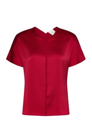 Hammered Satin V Neck Ss Blouse Tops Blouses Short-sleeved Red Calvin ...