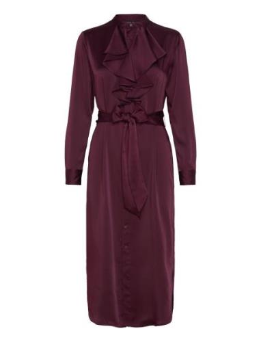 Ruffle-Trim Satin Charmeuse Shirtdress Knelang Kjole Burgundy Lauren R...