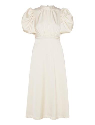 Satin Puff Midi Dress Knelang Kjole Cream ROTATE Birger Christensen