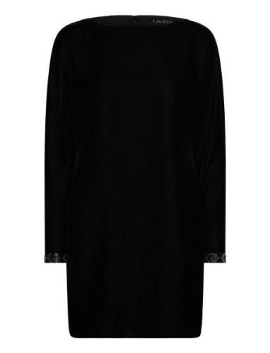 Beaded-Trim Velvet Cocktail Dress Kort Kjole Black Lauren Ralph Lauren