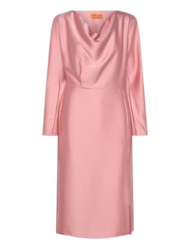 Long Sleeve Midi Dress, 2261 Satin Knelang Kjole Pink STINE GOYA