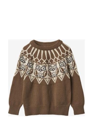 Nova Owl Jaquard Pullover Tops Knitwear Pullovers Brown Fliink