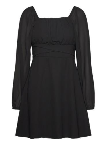 Brenna Square Neck L/S Georgette Dress Kort Kjole Black Bubbleroom