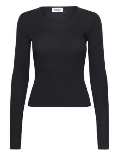 Sheer Rib Long Sleeve Top Tops T-shirts & Tops Long-sleeved Black Week...