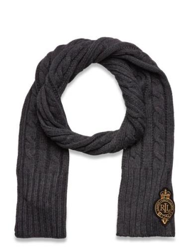 Crest-Patch Cable-Knit Scarf Accessories Scarves Winter Scarves Grey L...