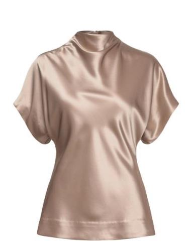 Otilia Draped Half Polo Top Tops Blouses Short-sleeved Beige Malina