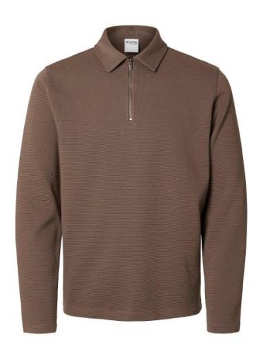 Slhmarc Rib Ls Polo Tops Polos Long-sleeved Brown Selected Homme