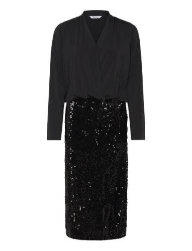 Sequin Trumpet Sleeve Midi Dress Knelang Kjole Black Bubbleroom