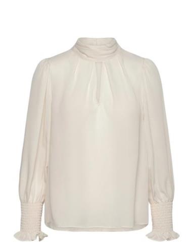 Crepe Light High Nk L.s Top Tops Blouses Long-sleeved White French Con...